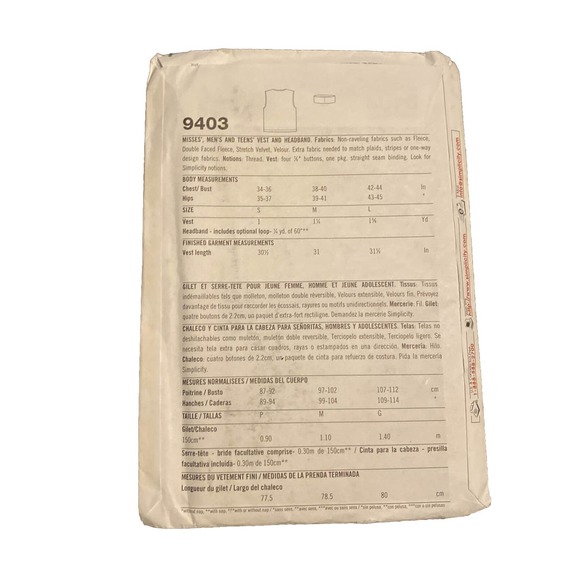 Uncut Simplicity Pattern # 9403 Unisex Vest & Headband Sz A (S-L). Fleece Fall - Picture 3 of 3